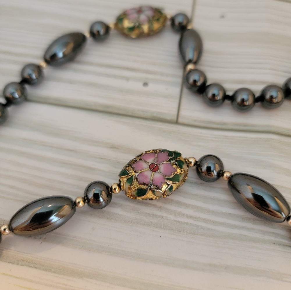 Vintage Hematite Cloisonné Beaded Necklace Hand Knotted Endless 32"